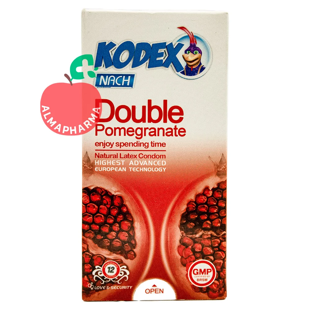 Kodex-Pomegranate-Double-almapharma نمای جلویی کاندوم کدکس مدل Double Pomegranate با عصاره انار، لاتکس طبیعی و بسته بندی جعبه ای