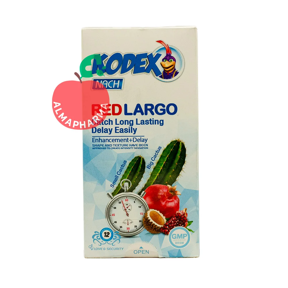 Kodex-Red-Largo-Delay-Condoms-12-Pcs-almapharma نمای جلویی کاندوم تاخیری کدکس مدل رد لارگو کاکتوس با ژل انار، لوبریکنت LA و NI و لاتکس طبیعی
