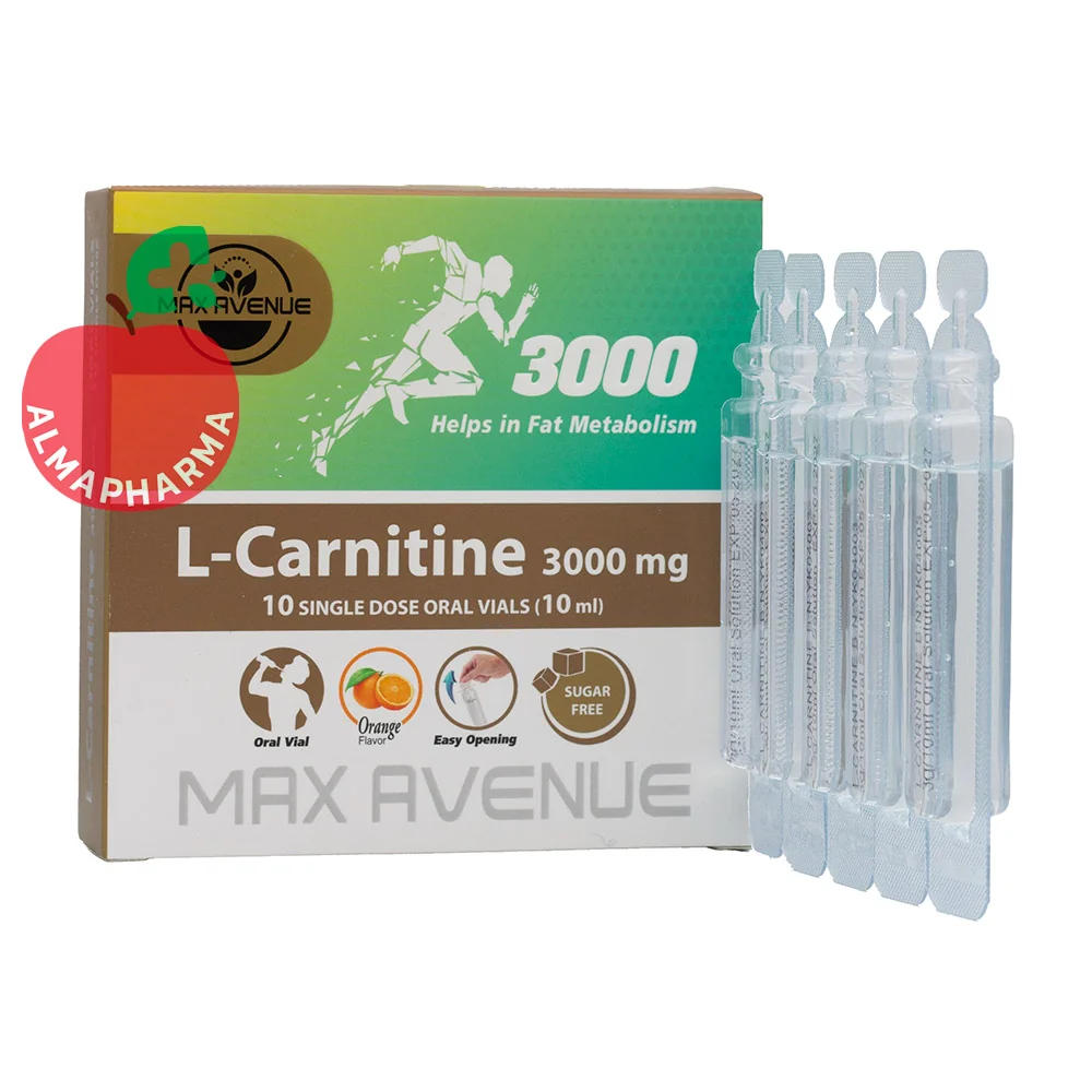 L-carnitine-3000-mg-max-avenue-oral-solution-(2)-almapharma نمای جلویی ویال ال کارنیتین 3000 مکس اونیو 10 عددی با طعم پرتقال و فرمول فاقد قند