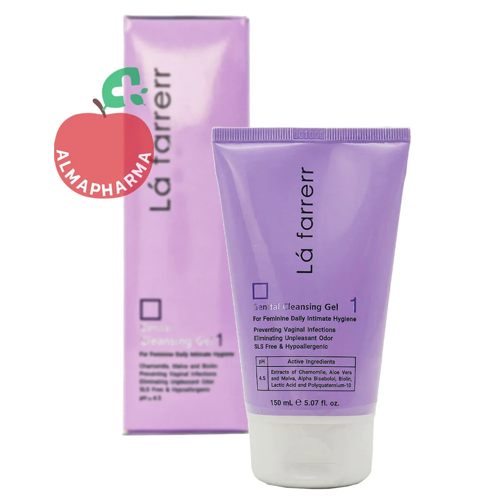 Lafarrerr-Feminine-Hygiene-Gel-almapharma نمای جلویی ژل بهداشتی بانوان لافارر 1 با PH 4.5 حاوی عصاره بابونه، آلوئه ورا و مالوا