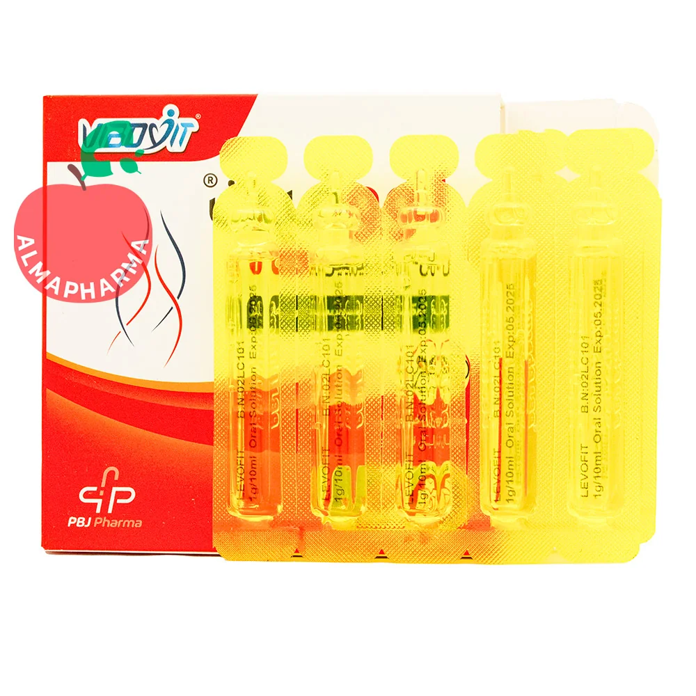 Levofit-Liquid-L-Carnitine-Pars-Behrouzan-Jam-Oral-Vial-almapharma نمای جلویی ویال خوراکی لووفیت ال کارنیتین 1000 پارس بهروزان جم 10 عددی با طعم پرتقال