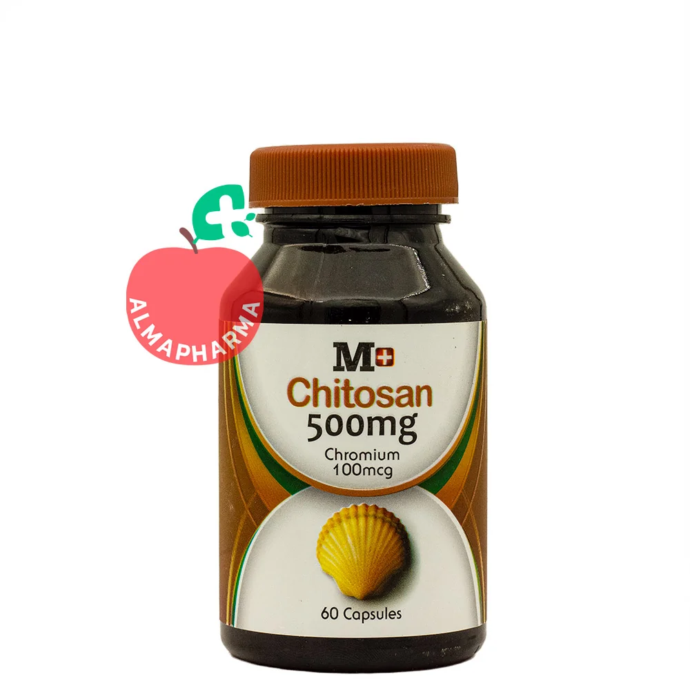 M-Plus-Chitosan-capsules-almapharma نمای جلویی کپسول چیتوزان ام پلاس 500 میلی گرم 60 عددی مکمل کاهش جذب چربی