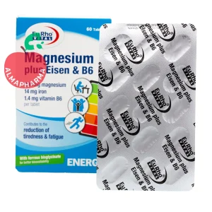 نمای پشتی قرص Magnesium Plus Eisen B6 یوروویتال با اطلاعات منیزیم 300 میلی گرم، آهن 14 میلی گرم و ویتامین B6