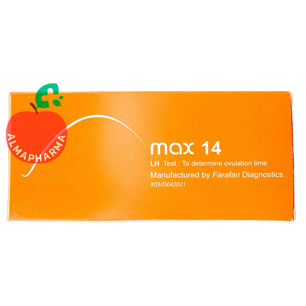 Max-14-lh-test-(2)-almapharma نمای جلویی کیت تخمک گذاری مکس 14 فرافن 5 عددی برای تشخیص افزایش هورمون LH