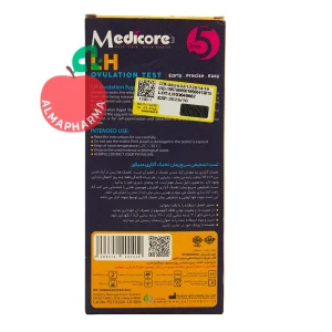 نمای پشتی کیت تخمک گذاری LH مدیکور با اطلاعات نحوه استفاده، تفسیر خطوط C و T و بسته 5 عددی