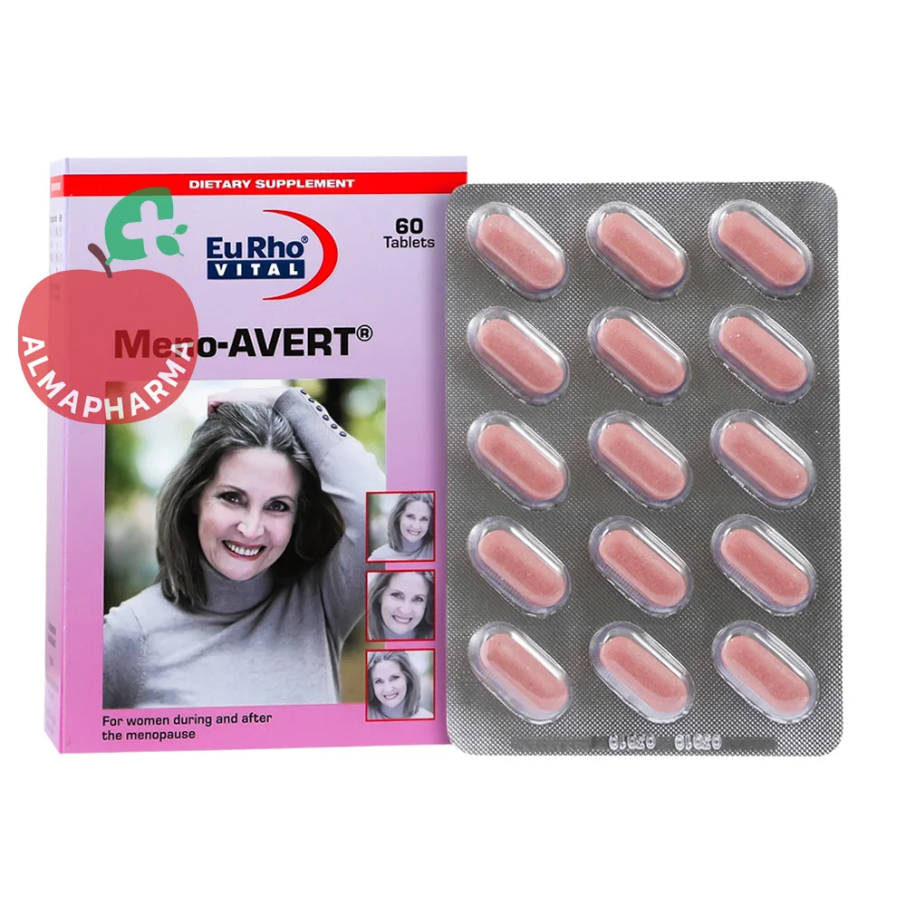 Meno-Avert-almapharma نمای جلویی قرص منواورت یوروویتال 60 عددی مکمل دوران یائسگی حاوی کلسیم، ویتامین D و ایزوفلاون سویا