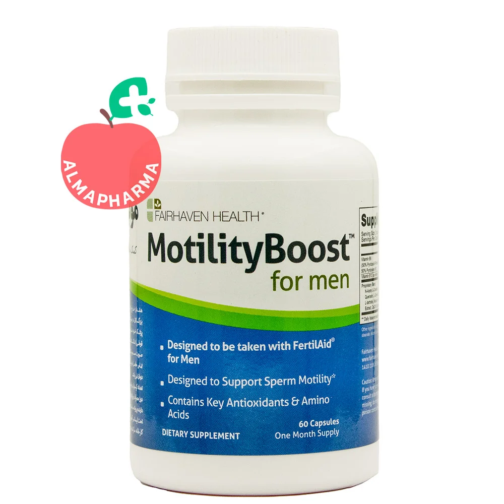 Motility-Boost-Male-Fertility-Supplement-(2)-almapharma نمای جلویی کپسول موتیلیتی بوست فیرهون هلث 60 عددی مکمل باروری مردان برای تحرک اسپرم