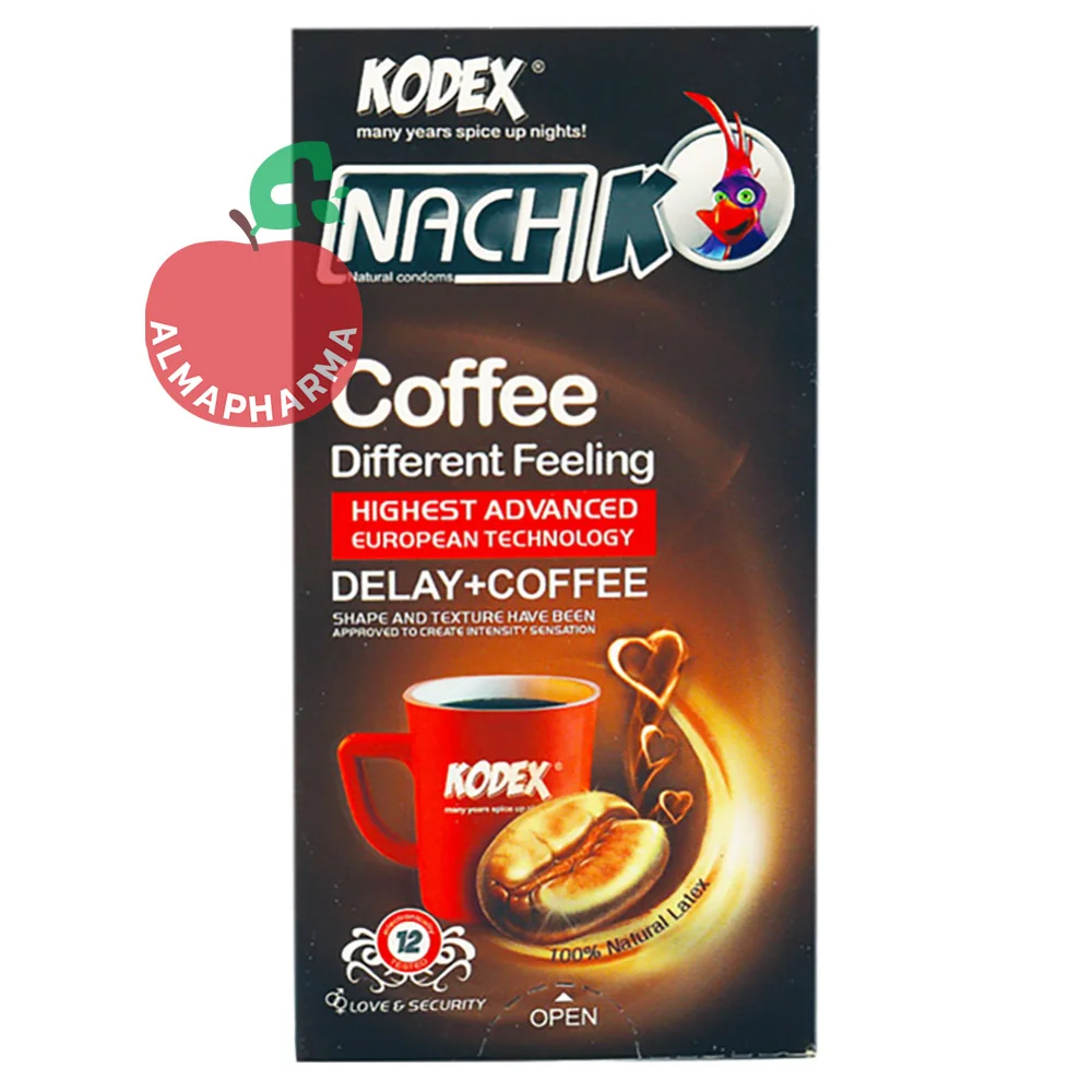 Nachki-Coffee-Delay-Condoms-almapharma نمای جلویی کاندوم تاخیری کافئین دار کدکس با رایحه قهوه، لاتکس فوق العاده نازک و بسته بندی قهوهای