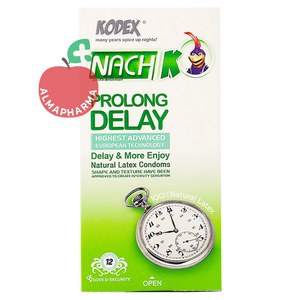 Nachki-Prolong-Delay-Condoms-almapharma نمای جلویی کاندوم تاخیری کدکس مدل پرولانگ دیلی با لاتکس فوق العاده نازک، لوبریکنت تخصصی و ماده موثر تاخیری
