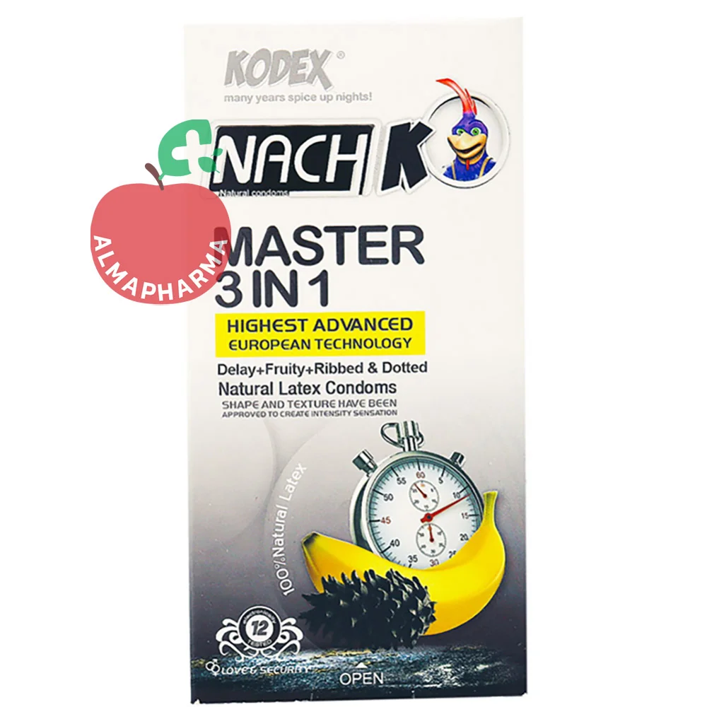 Nachki-master-Delay-Condoms-almapharma نمای جلویی کاندوم سه کاره کدکس مدل مستر با خارهای آناتومیک، حلقههای آناتومیک و ماده موثر تاخیری
