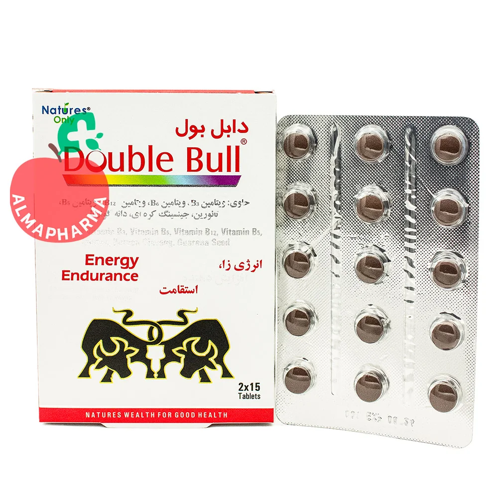 Natures-Only-Double-Bull-Tablets-almapharma نمای جلویی قرص دابل بول نیچرز اونلی ۳۰ عددی حاوی جینسینگ کرهای، گوارانا، تائورین و ویتامینهای گروه B