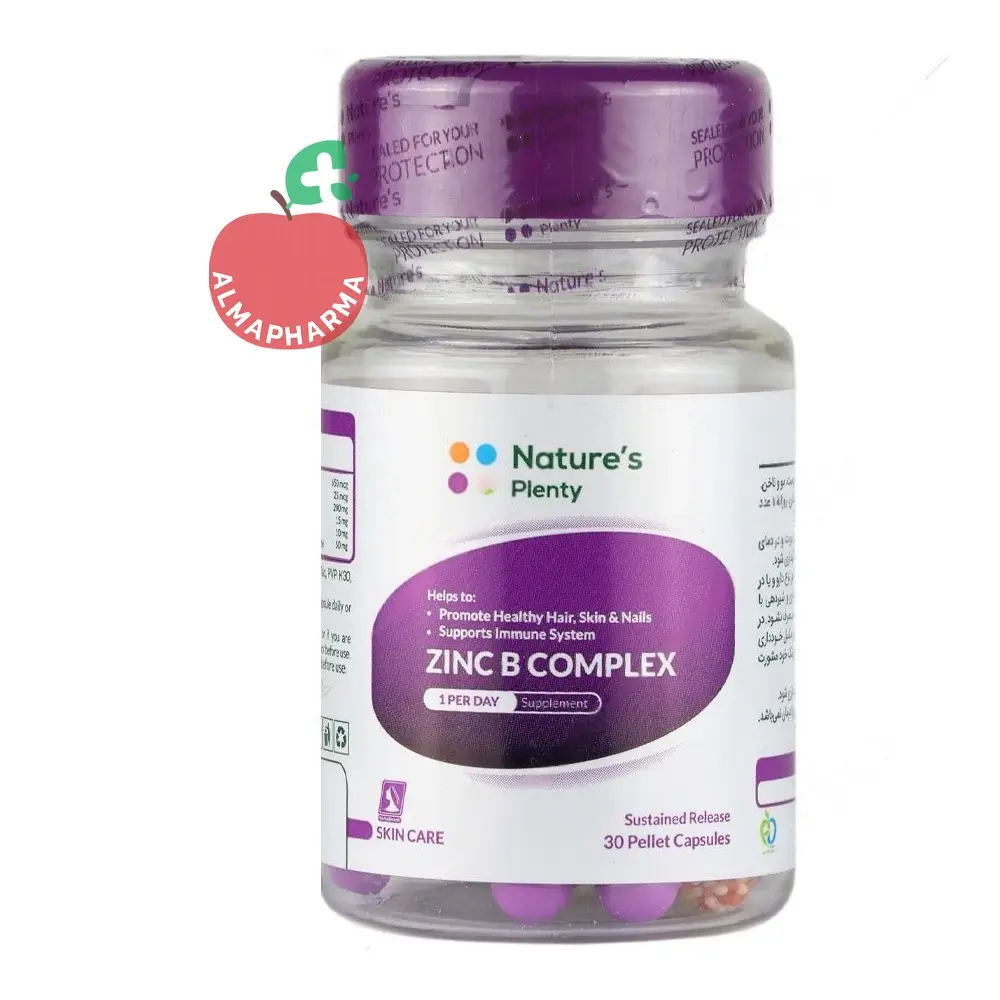 Nature's Plenty Zinc B Complex Tabs-4-almapharma نمای جلویی کپسول زینک ب کمپلکس نیچرز پلنتی ۳۰ عددی