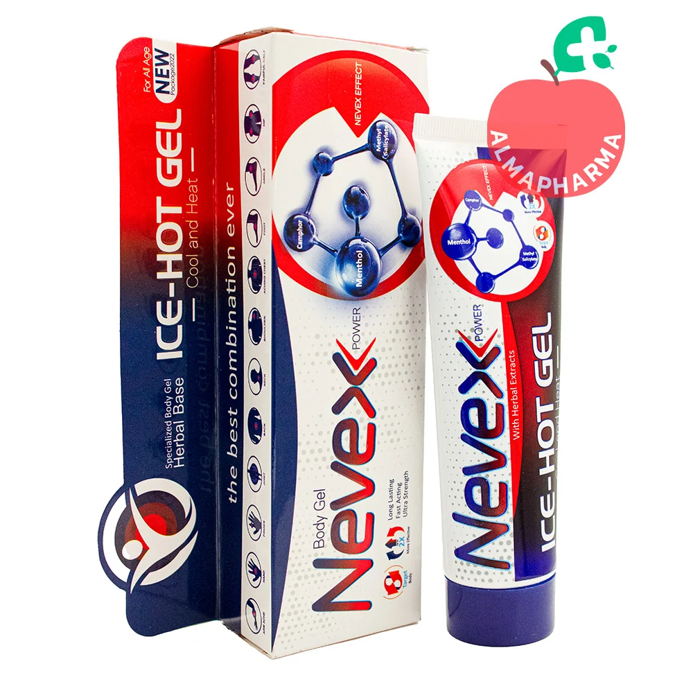 Nevex-Cold-and-Hot-Body-Massage-Gel-(2)-almapharma نمای جلویی ژل ضد درد سرد و گرم نوکس ۱۰۰ میلی لیتر برای کاهش درد عضلات و مفاصل