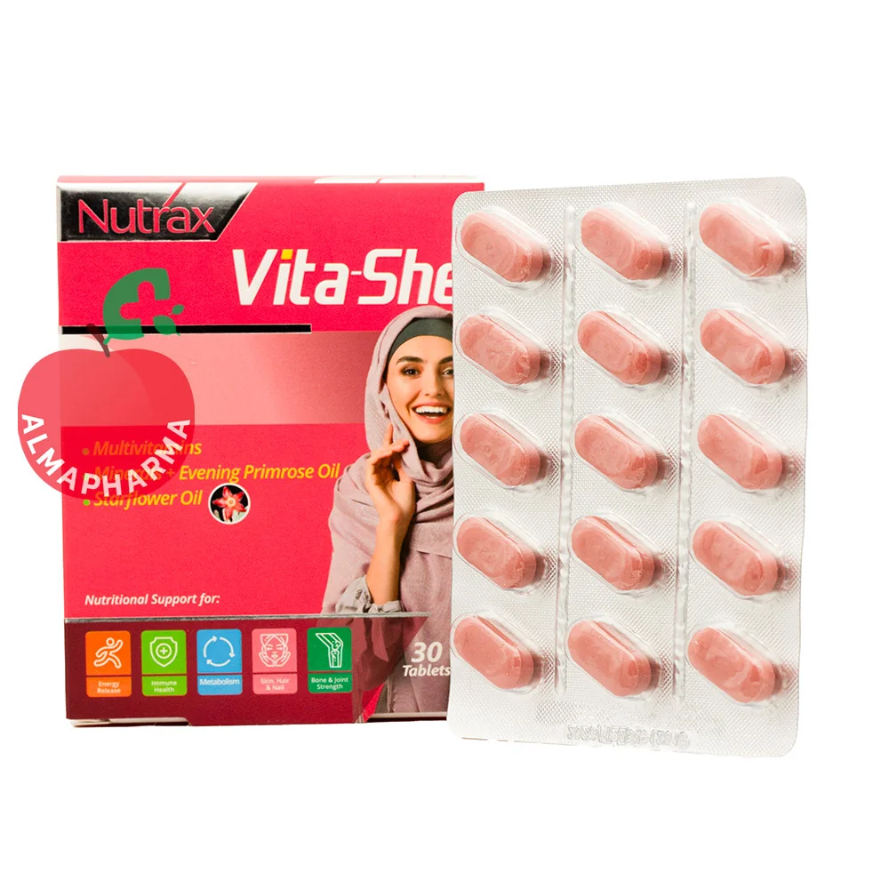 Nutrax-Vita-She-Tablets-almapharma نمای جلویی قرص وایتا شی نوتراکس ۳۰ عددی مولتی ویتامین اختصاصی بانوان
