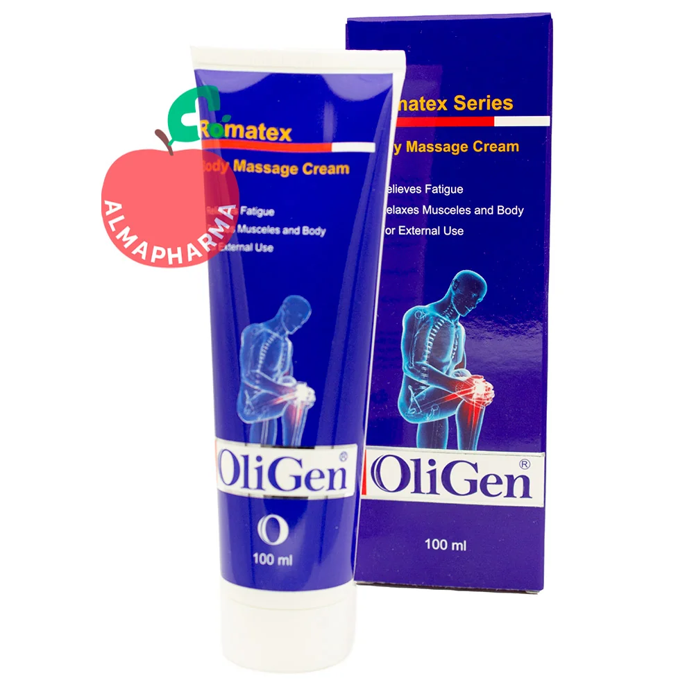 OliGen-Romatex-massage-cream-(2)-almapharma نمای جلویی کرم رماتکس الی ژن 100 میل مناسب ماساژ بدن و کاهش دردهای عضلانی سطحی