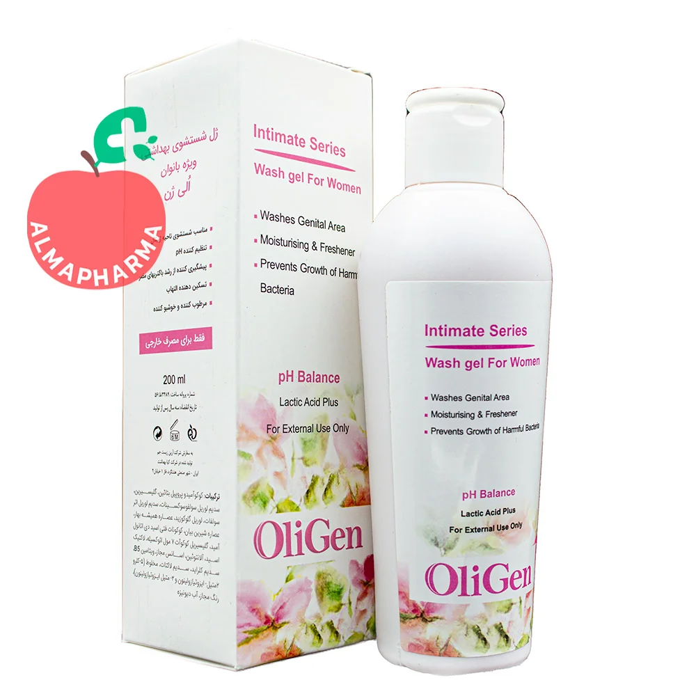 OliGen-women-Wash-Gel-almapharma نمای جلویی ژل بهداشتی بانوان الی ژن مدل intimate حجم 200 میل برای شستشوی ناحیه خارجی ژنیتال
