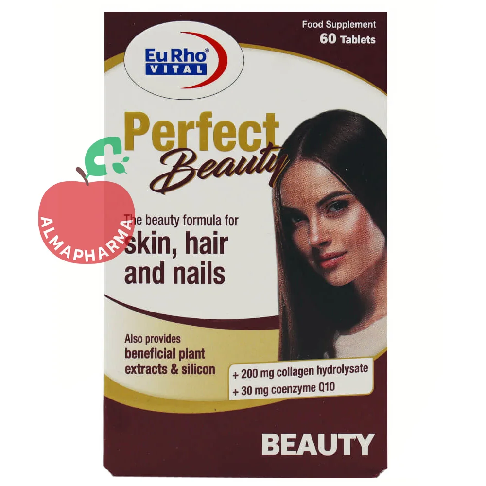 Perfect-Beauty-Tablets-(2)-almapharma نمای جلویی قرص پرفکت بیوتی یوروویتال بسته ۶۰ عددی مکمل پوست مو و ناخن