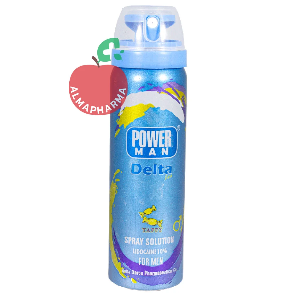 PowerMan-Delta-toffee-Spray-Solution-Lidocaine-10-For-Men1-almapharma نمای جلویی اسپری وقفه دهنده تافی آقایان پاورمن دلتا زکس ۶۵ میلی لیتر حاوی لیدوکائین ۱۰ درصد