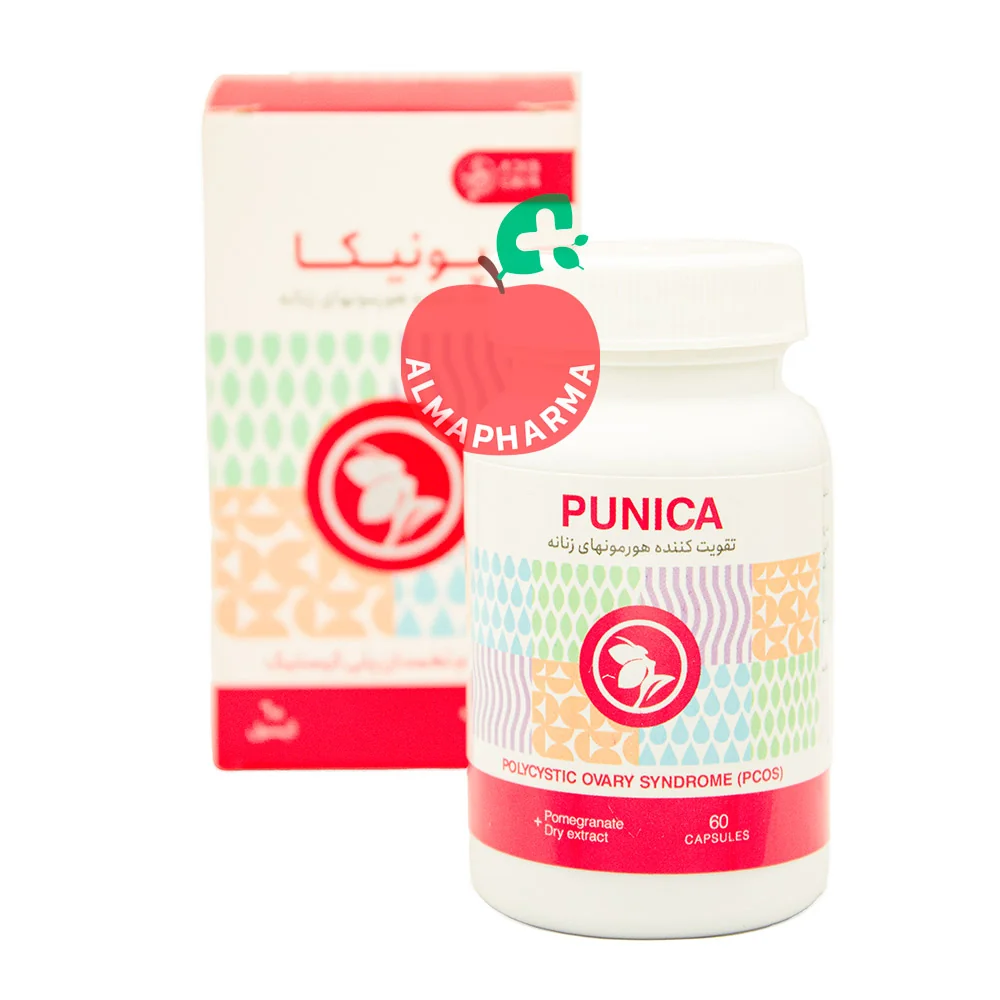 Punica-Capsules-(3)-almapharma نمای جلویی کپسول پونیکا ادیب اکسیر ۶۰ عددی حاوی عصاره خشک پوست میوه انار استاندارد شده با الاژیک اسید