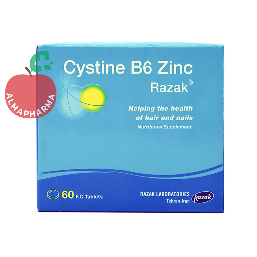 Razak-Cystine-B6-Zinc-Tablets-almapharma نمای جلویی قرص سیستین B6 زینک رازک ۶۰ عددی مکمل تقویت مو و ناخن