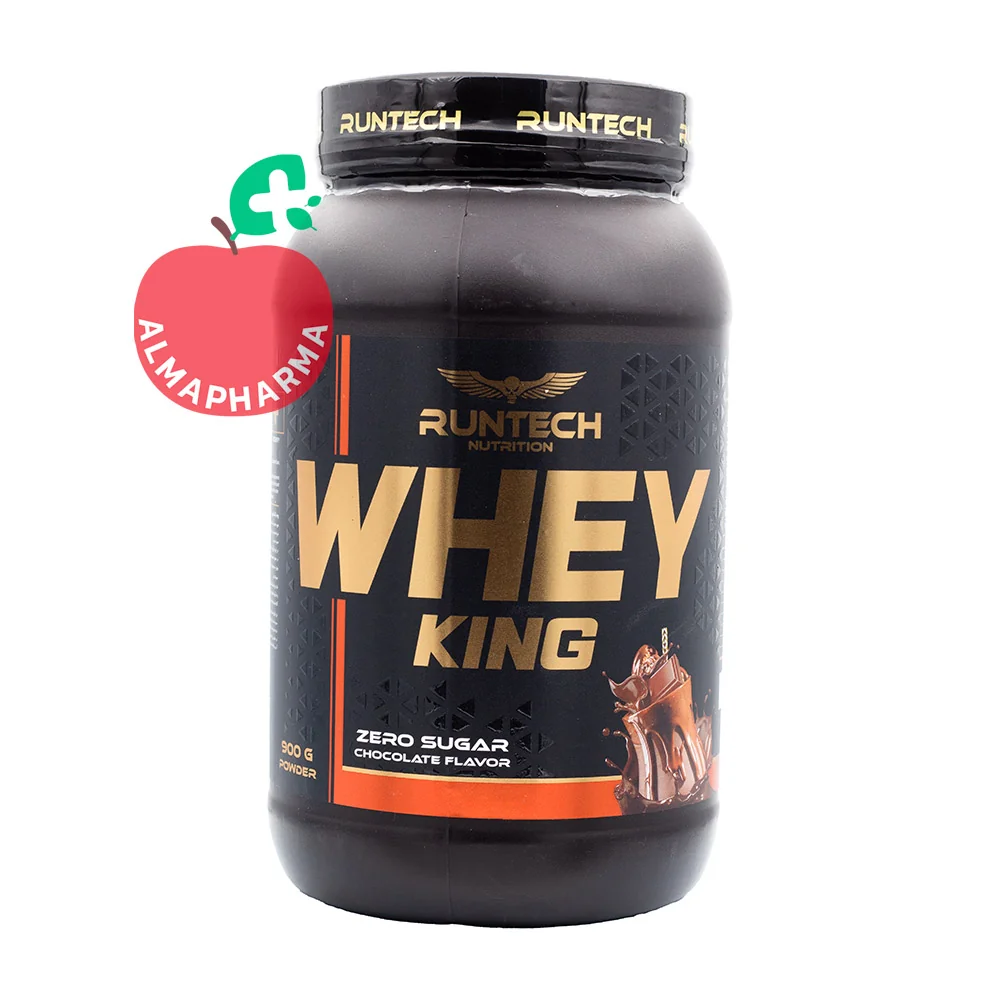 Runtech-Whey-king-zero-sugar-900-grams-(1)-almapharma نمای جلویی پودر کینگ وی رانتک ۹۰۰ گرمی پروتئین وی کنسانتره شکلاتی فاقد شکر