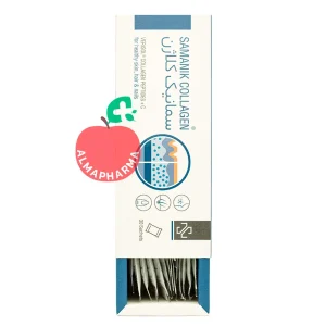 نمای پشتی پودر Samanik Collagen با اطلاعات VERISOL، ویتامین C و عصاره بلوبری
