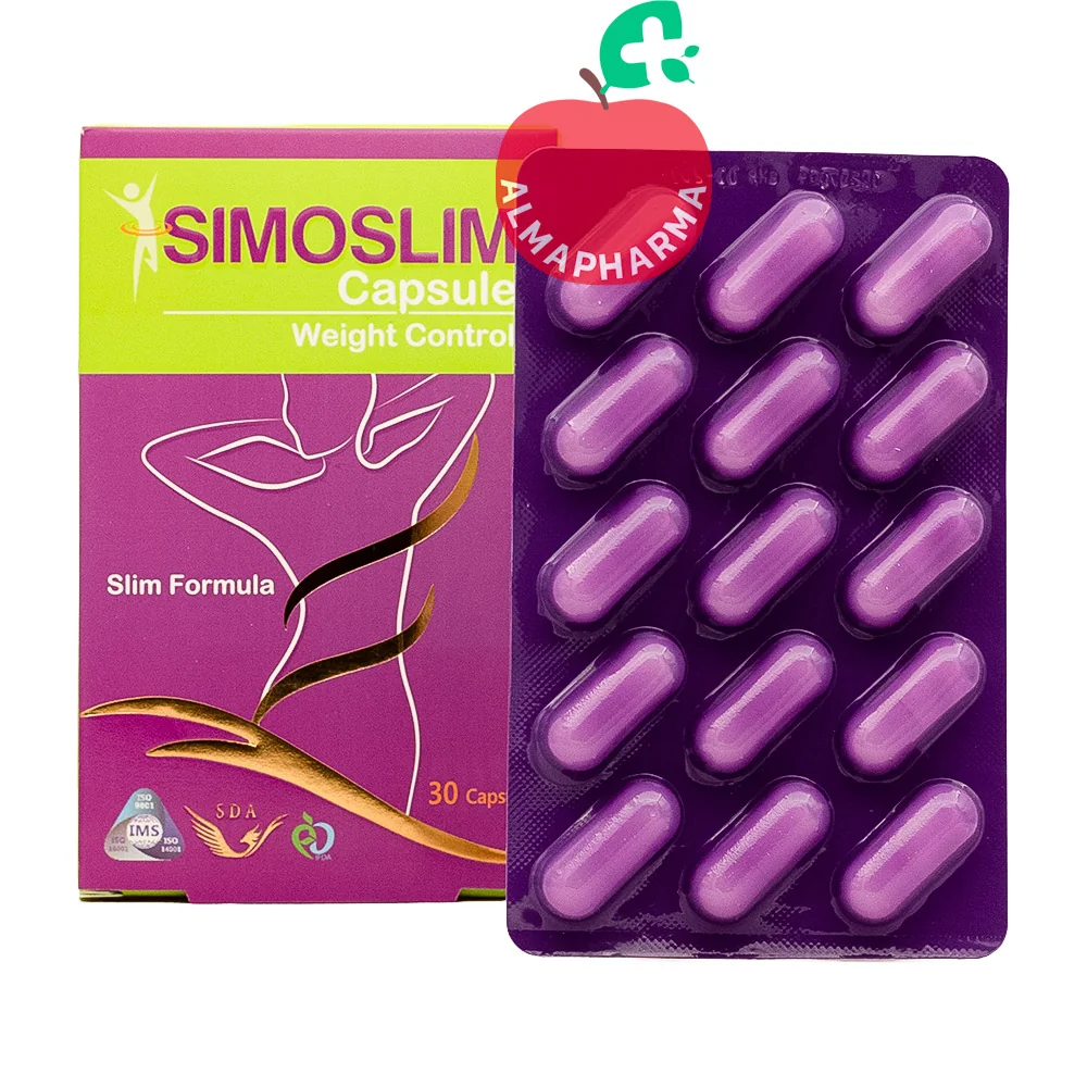 Simo-Slim-Capsules-(2)-almapharma نمای جلویی کپسول لاغری سیمو اسلیم سیمرغ دارو عطار ۳۰ عدد