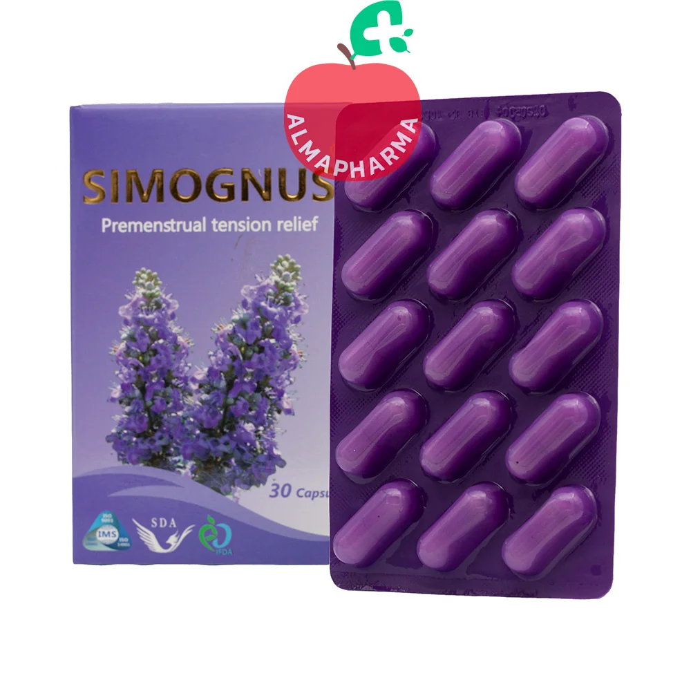 Simognus-caps-almapharma نمای جلویی کپسول سیموگنوس سیمرغ دارو عطار ۳۰ عدد