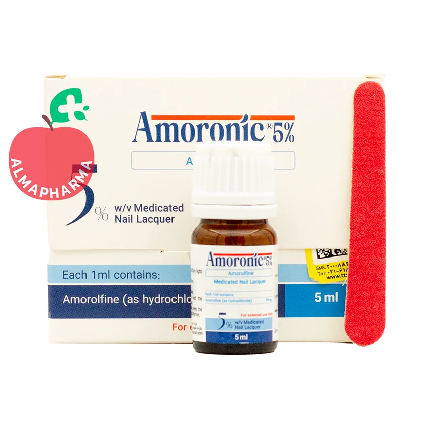 kimia-kalaye-razi-amoronic-5-percent-medicated-nail-lacquer نمای جلویی لاک ناخن آمورونیک آمورولفین 5% کیمیا کالای رازی