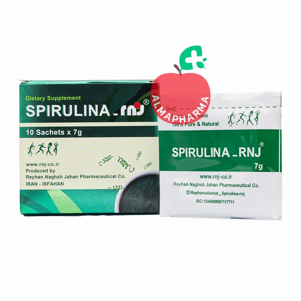 spirulina-rnj-10-sachets-(1)-almapharma نمای جلویی ساشه اسپیرولینا آر ان جی ۱۰۰ عددی حاوی جلبک اسپیرولینا پلاتنسیس