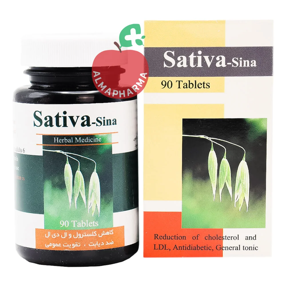 Sina-Sativa-Tablets-(2)-almapharma نمای جلویی قرص گیاهی ساتیوا سینا ۹۰ عدد