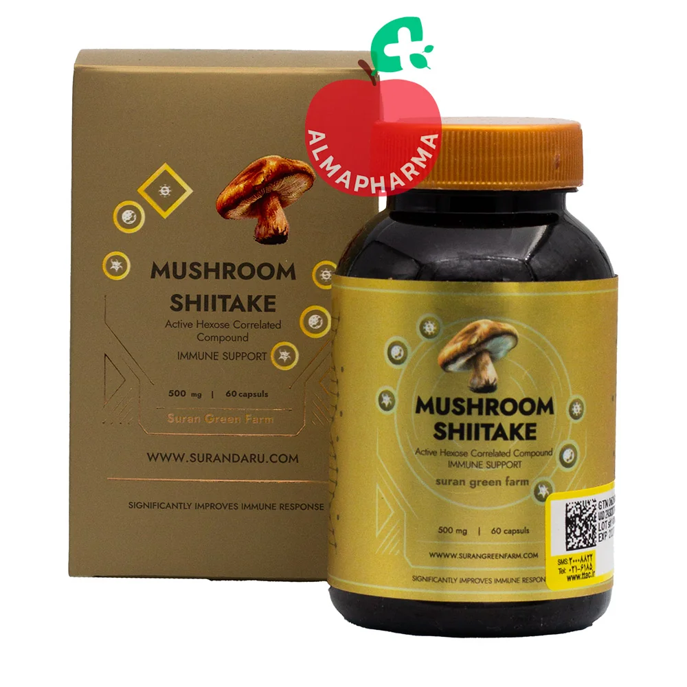 Suran-Green-Farm-Mushroom-Shiitake-60-Caps-(1)-almapharma نمای جلویی قرص شیتاکه مزرعه سبز سوران ۶۰ عدد
