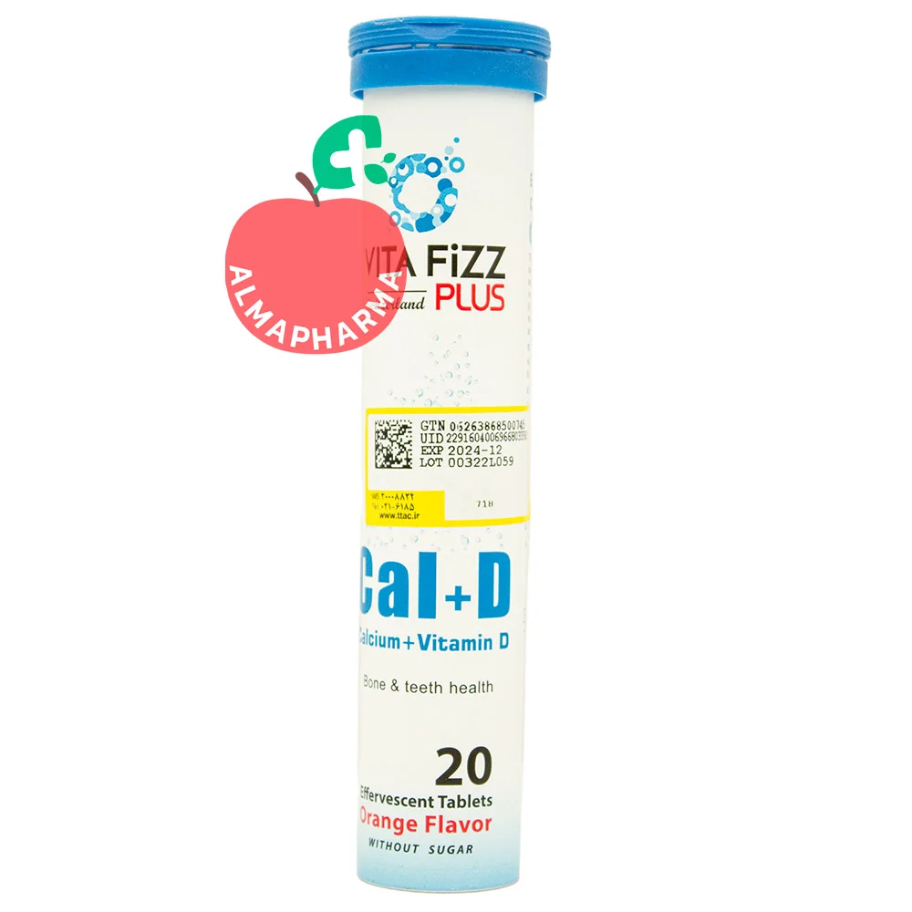 Vitafizz-Plus-Calcium-and-Vitamin-D-Effervescent-Tablets-20-Pcs-almapharma نمای جلویی قرص جوشان کلسیم دی ویتافیز پلاس ۲۰ عدد
