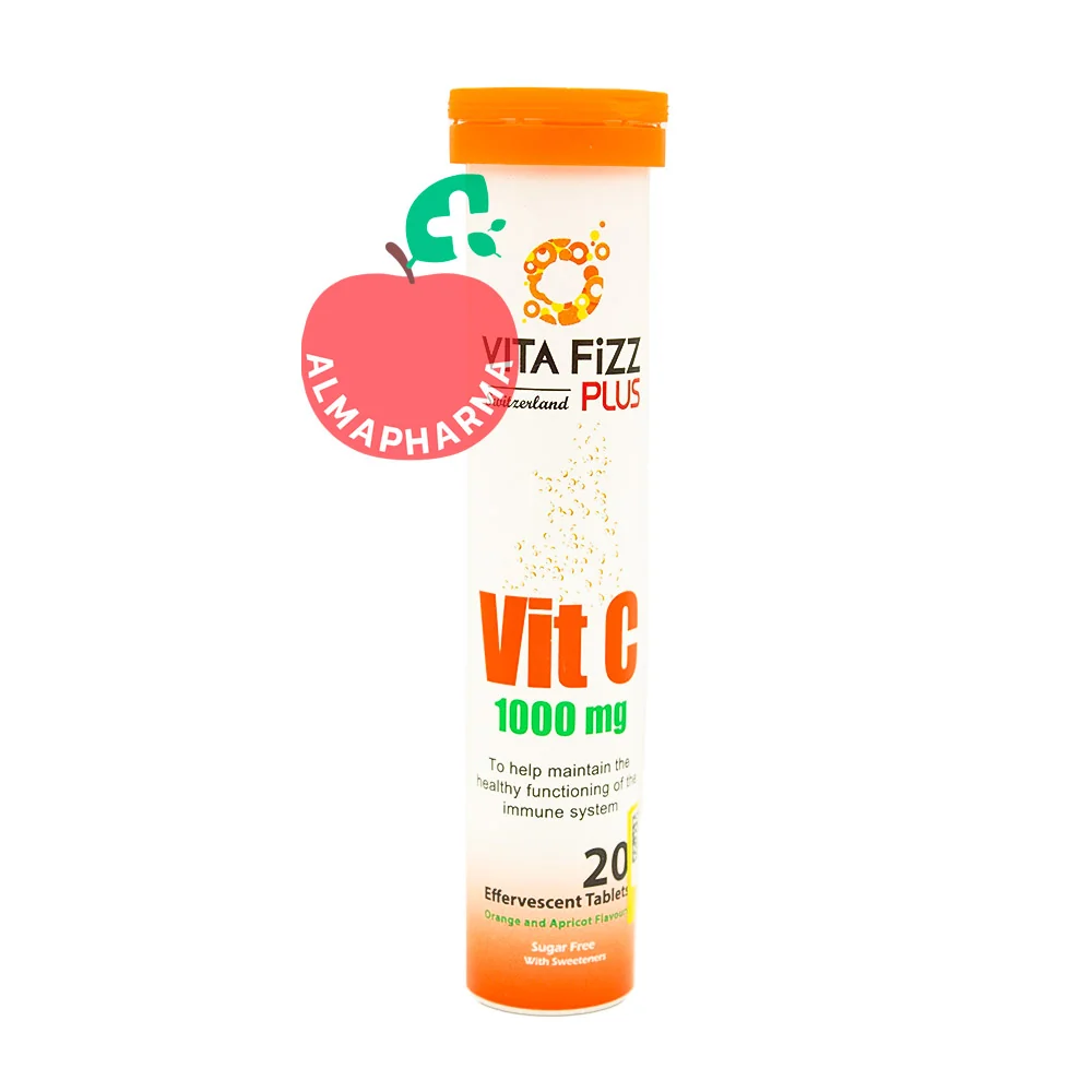 Vitafizz-Plus-Vitamin-C-1000-mg-Effervescent-Tablets-(2)-almapharma نمای جلویی قرص جوشان ویتامین C ویتافیز پلاس ۱۰۰۰ میلی گرم ۲۰ عدد