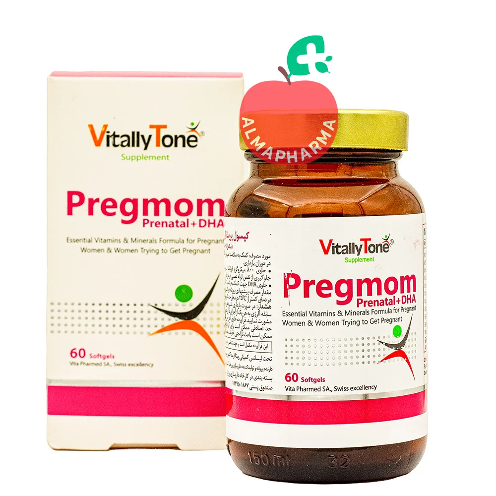 Vitally-Tone-Pregmom-Capsules-(2)-almapharma نمای جلویی سافت ژل پرگمام ویتالی تون ۶۰ عددی