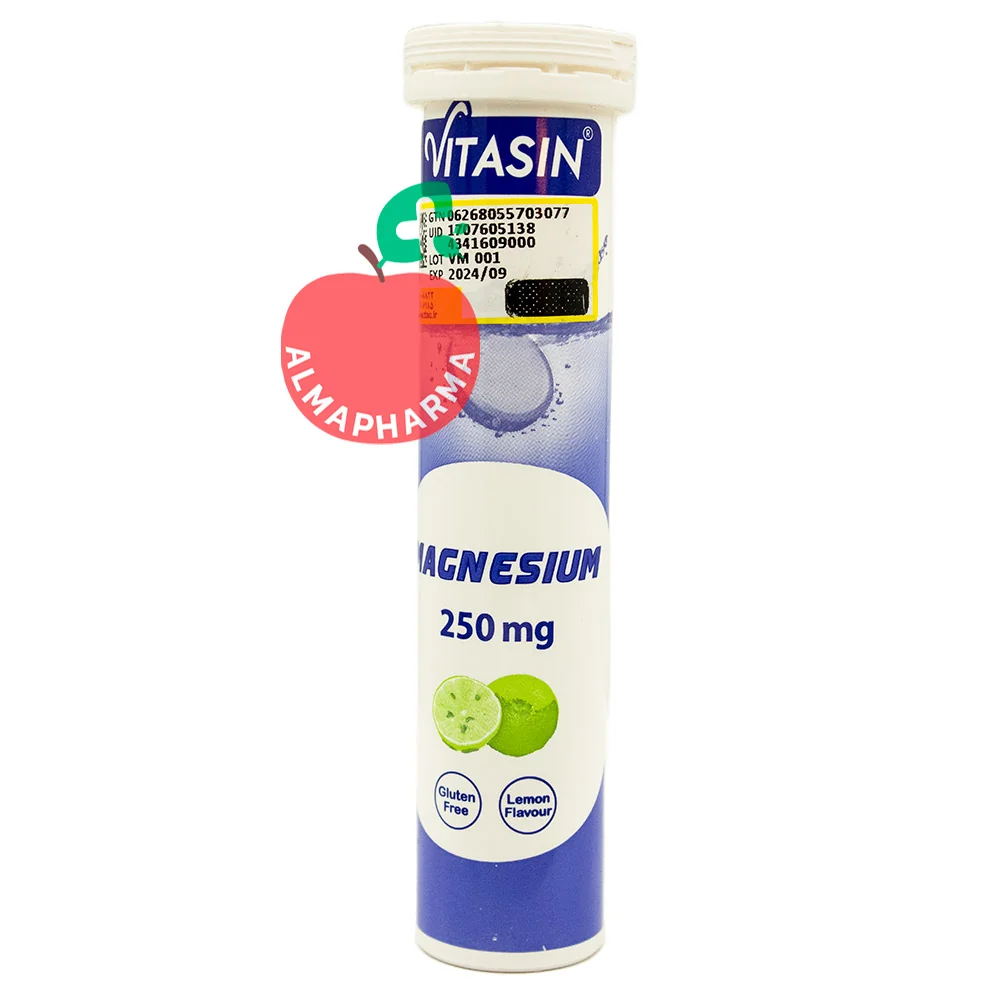 Vitasin-Magnesium-250-mg-Effervescent-Tablets-20-Pcs-almapharma نمای جلویی قرص جوشان منیزیم ۲۵۰ میلی گرم ویتاسین ۲۰ عددی