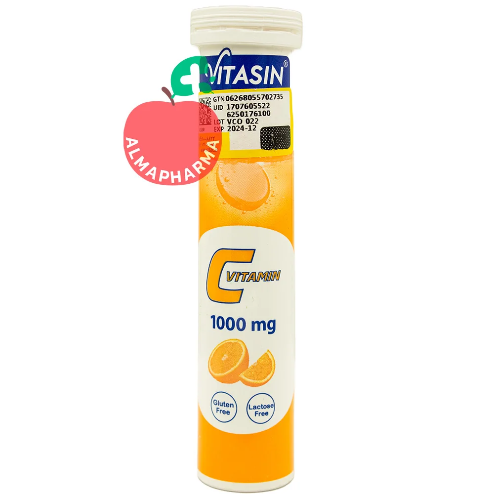 Vitasin-Vitamin-C-1000-mg-Effervescent-Tablets-20-Pcs-almapharma نمای جلویی قرص جوشان ویتامین C 1000 ویتاسین سینا پیشگام دارو