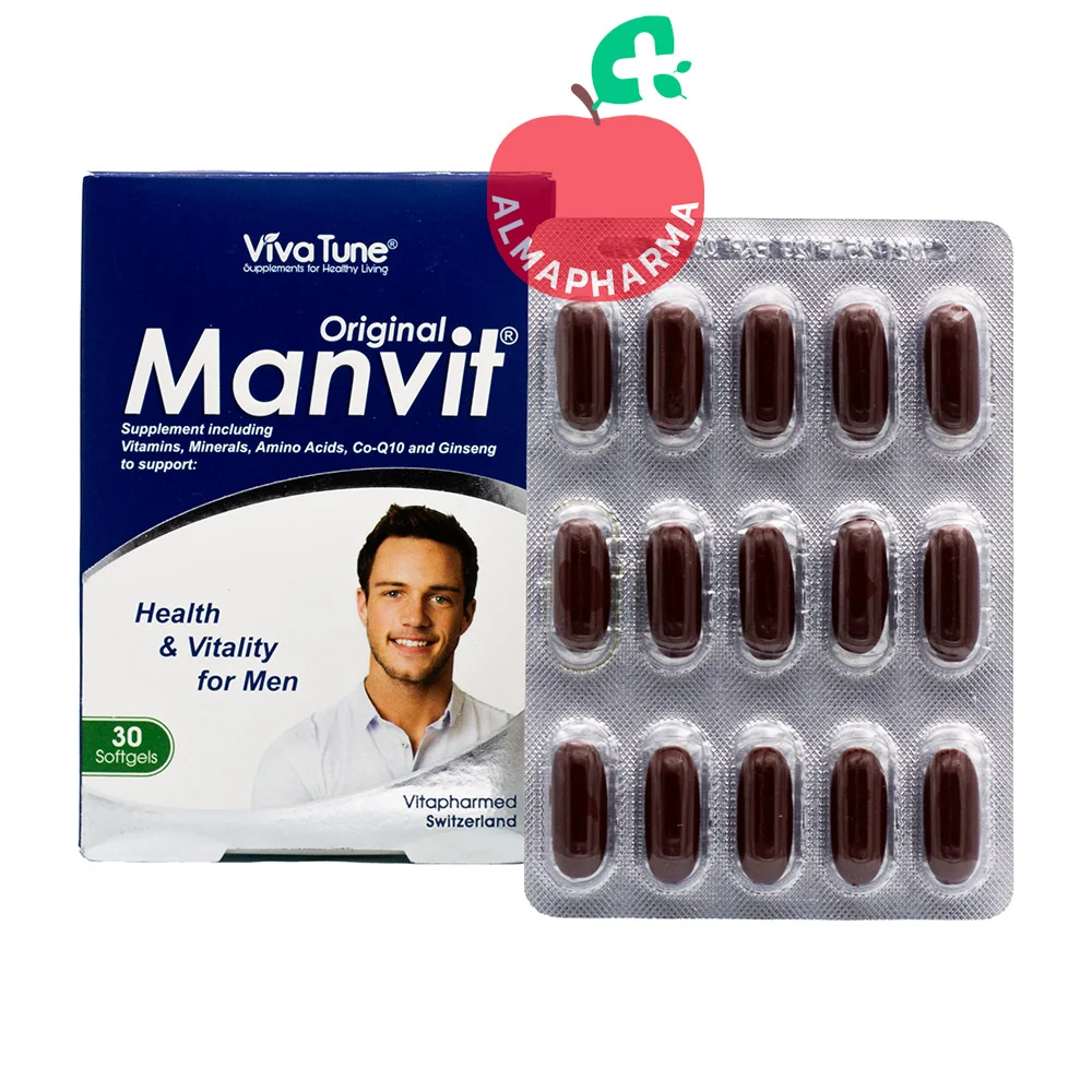 Viva-Tune-Original-Manvit-30-Softgels-(2)-almapharma نمای جلویی سافت ژل من ویت اورجینال ویواتیون ۳۰ عدد