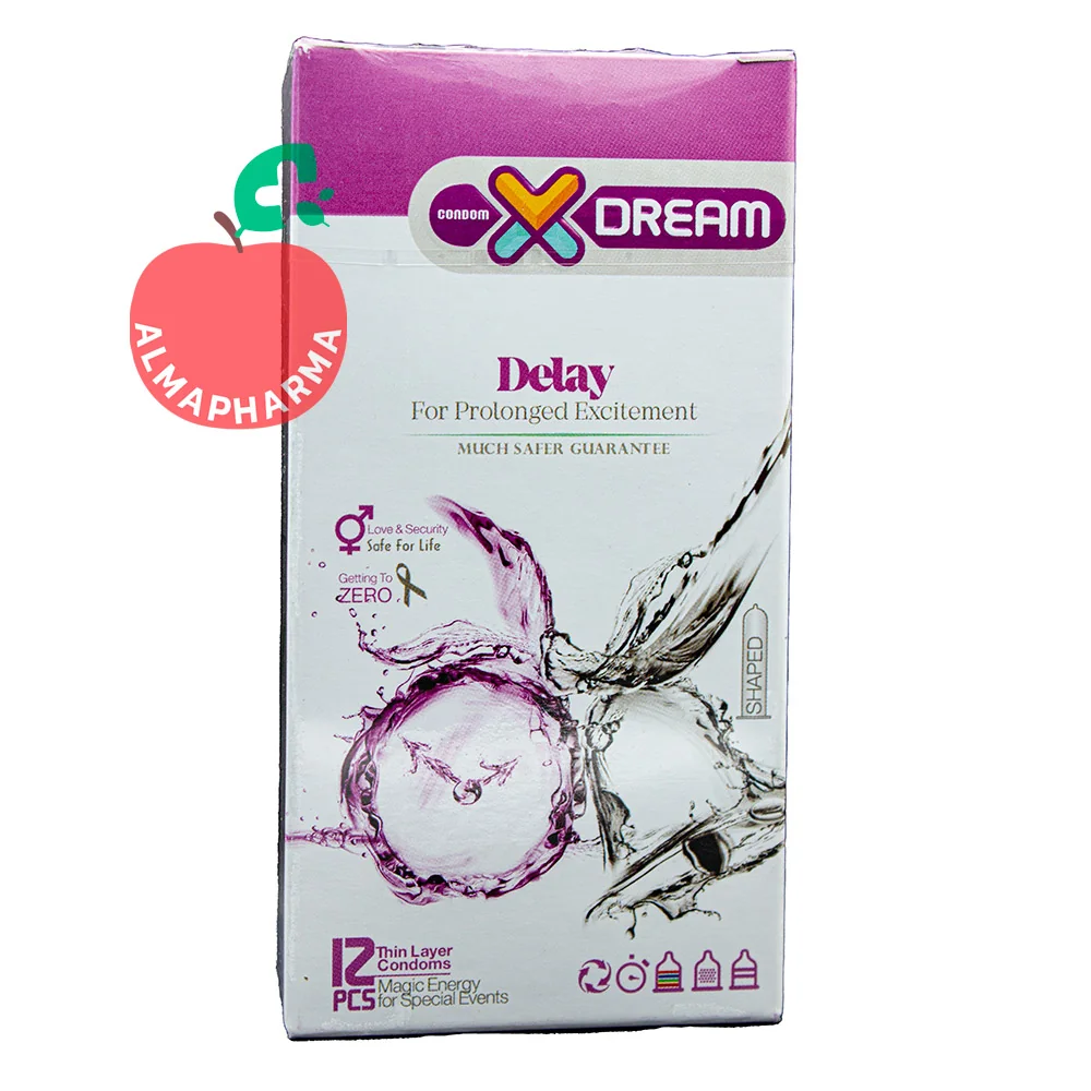 X-Dream-Delay-Condoms-almapharma نمای جلویی کاندوم تاخیری ایکس دریم مدل Delay بسته ۳ عددی