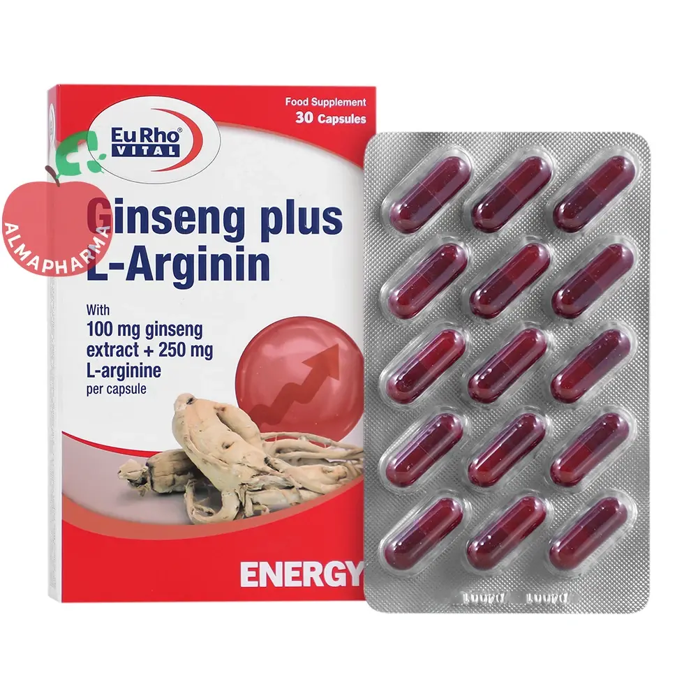 capsule-ginseng-plus-l-Arginin -32924-01-almapharma نمای جلویی کپسول جینسینگ پلاس ال آرژنین یوروویتال ۳۰ عددی