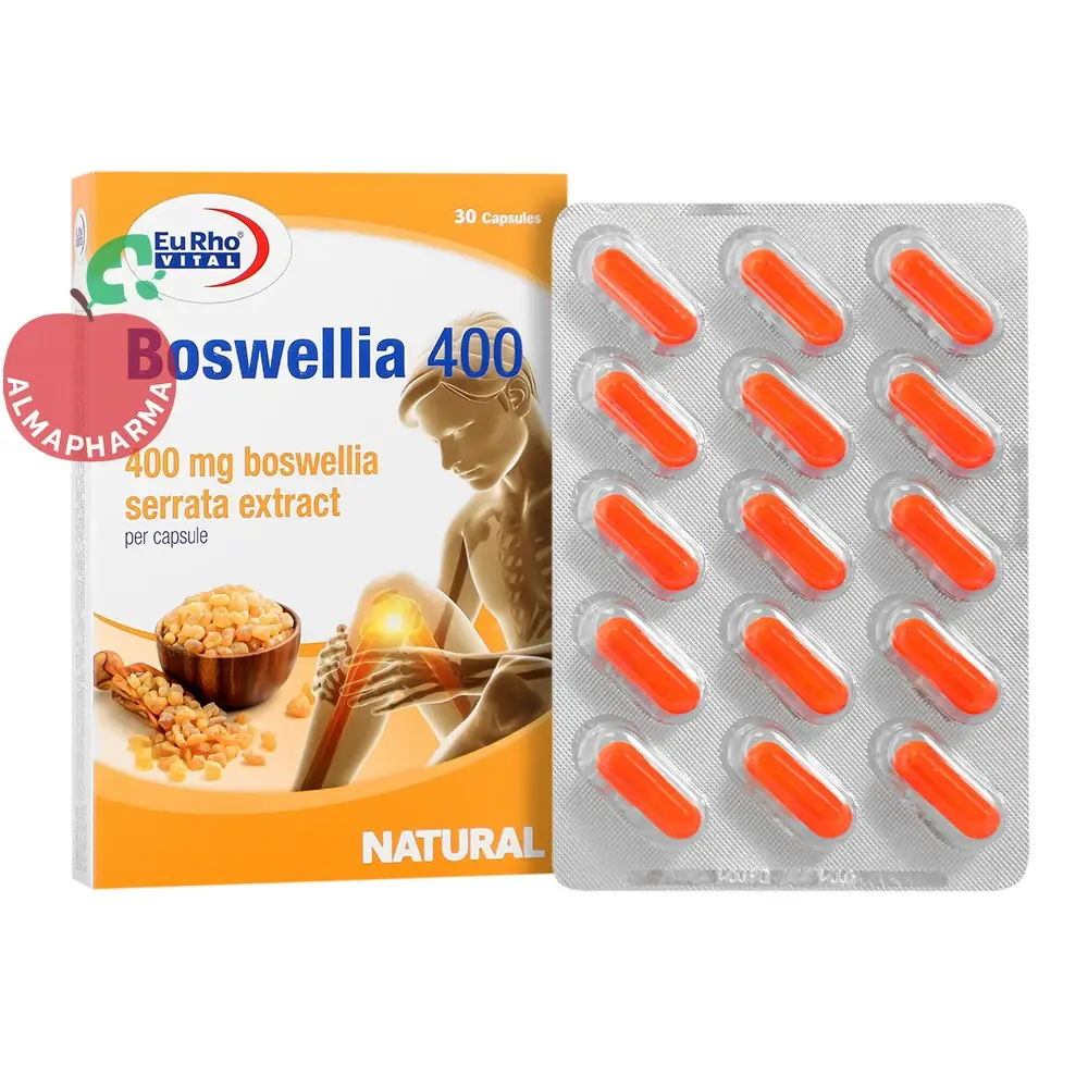 capsule-boswellia-400-32444-01-almapharma نمای جلویی کپسول بوسولیا ۴۰۰ یوروویتال ۳۰ عددی