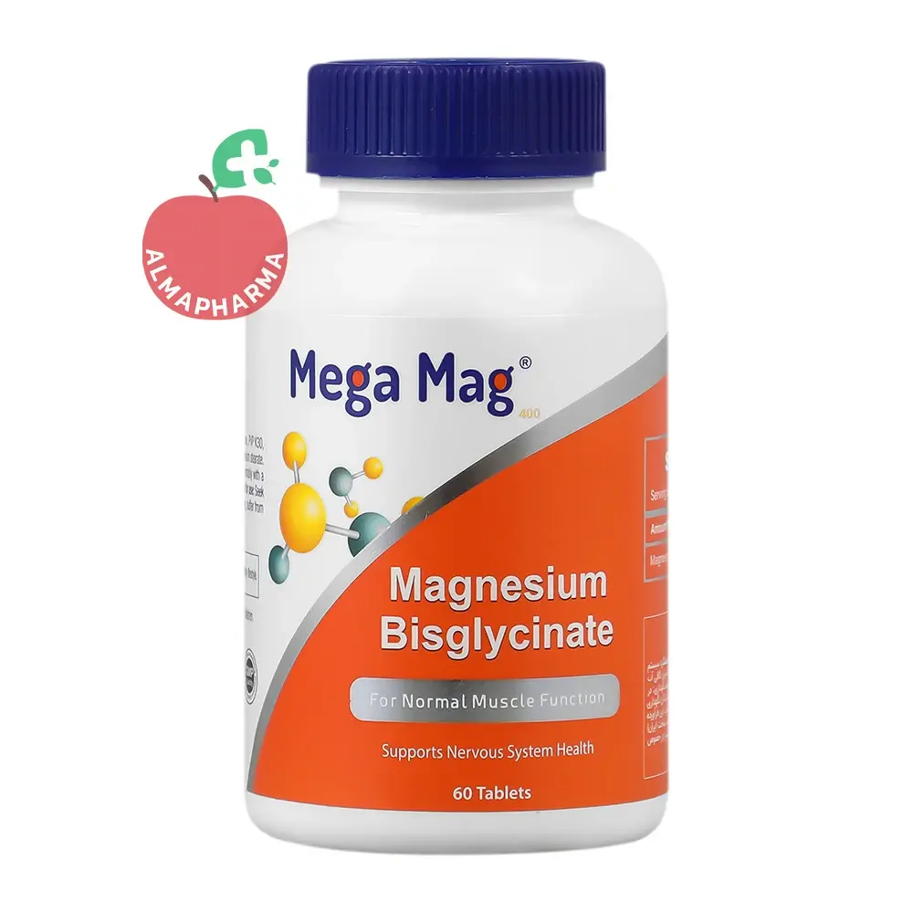مگامگ Magnesium Bisglycinate Mega Mag 400-almapharma مگامگ منیزیم بیس گلایسینات ۴۰۰ ۶۰ قرص