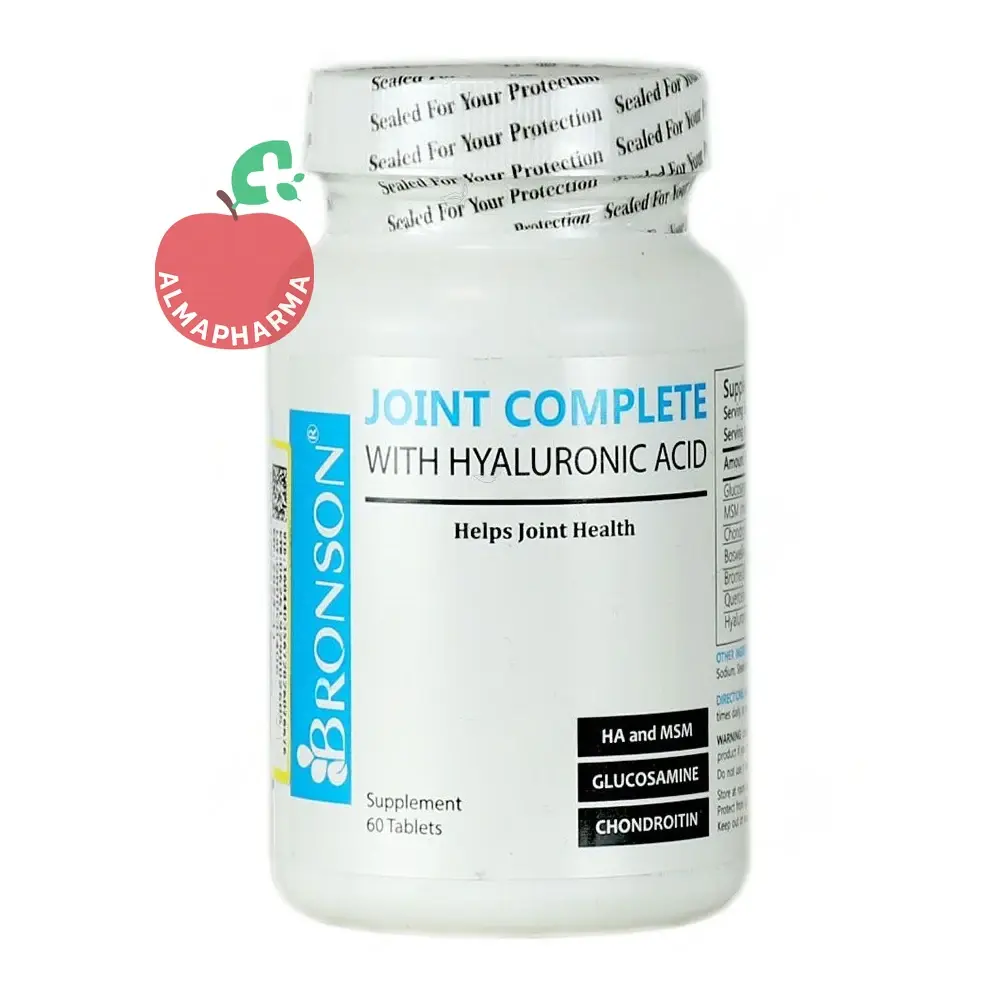 Bronson Joint Complete With Hyaluronic Acid Caps-almapharma قرص جوینت کامپلت با هیالورونیک اسید برونسون - قوطی ۶۰ عددی - نمای جلو