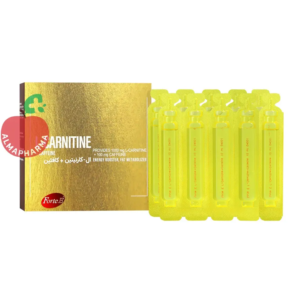 Forte-E L-Carnitine Plus Caffeine-almapharma ویال خوراکی ال کارنیتین ۲۰۰۰ فورت ای ۱۰ عددی - جعبه ۱۰ عددی - نمای جلو
