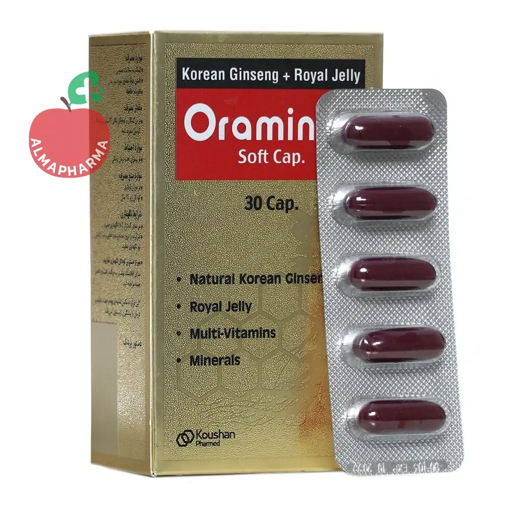 Kooshan Pharmed Oramin F Softgels-4-almapharma کپسول اورامین اف دوون فارم ۳۰ عددی - نمای پشت جعبه و اطلاعات تکمیلی