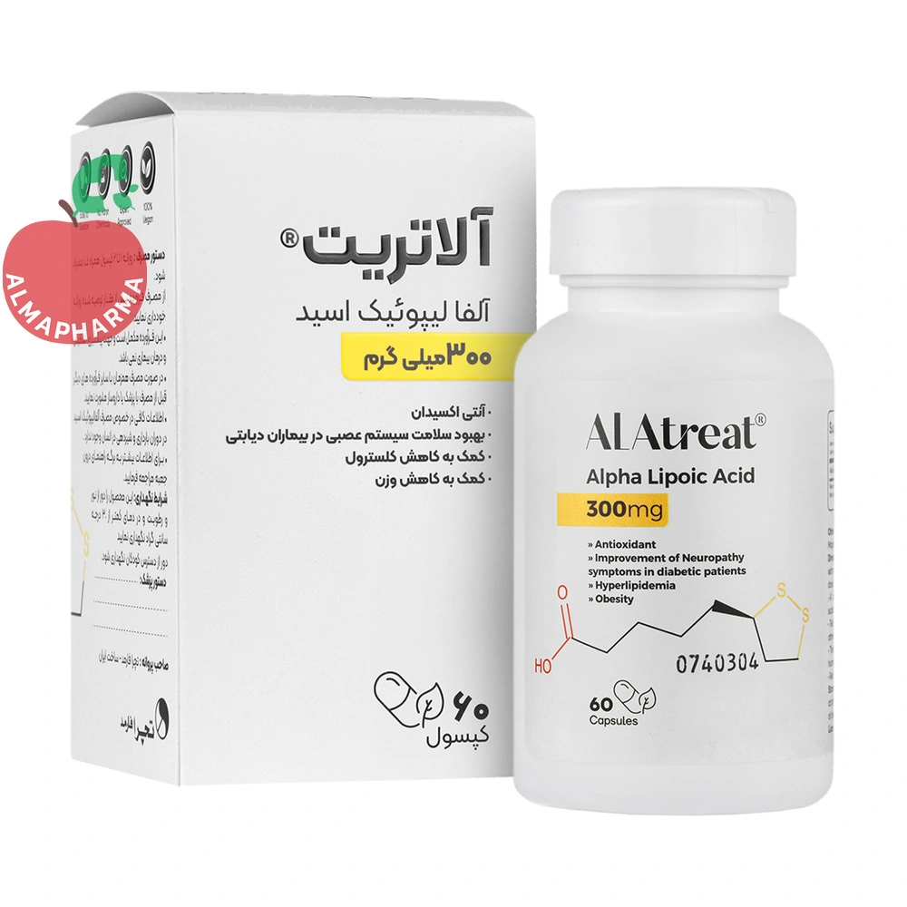 capsule-alatreat-01_almafarma کپسول آلاتریت آلفا لیپوئیک اسید ۳۰۰ میلیگرم تچرا فارمد ۶۰ عددی - جعبه ۶۰ عددی - نمای جلو