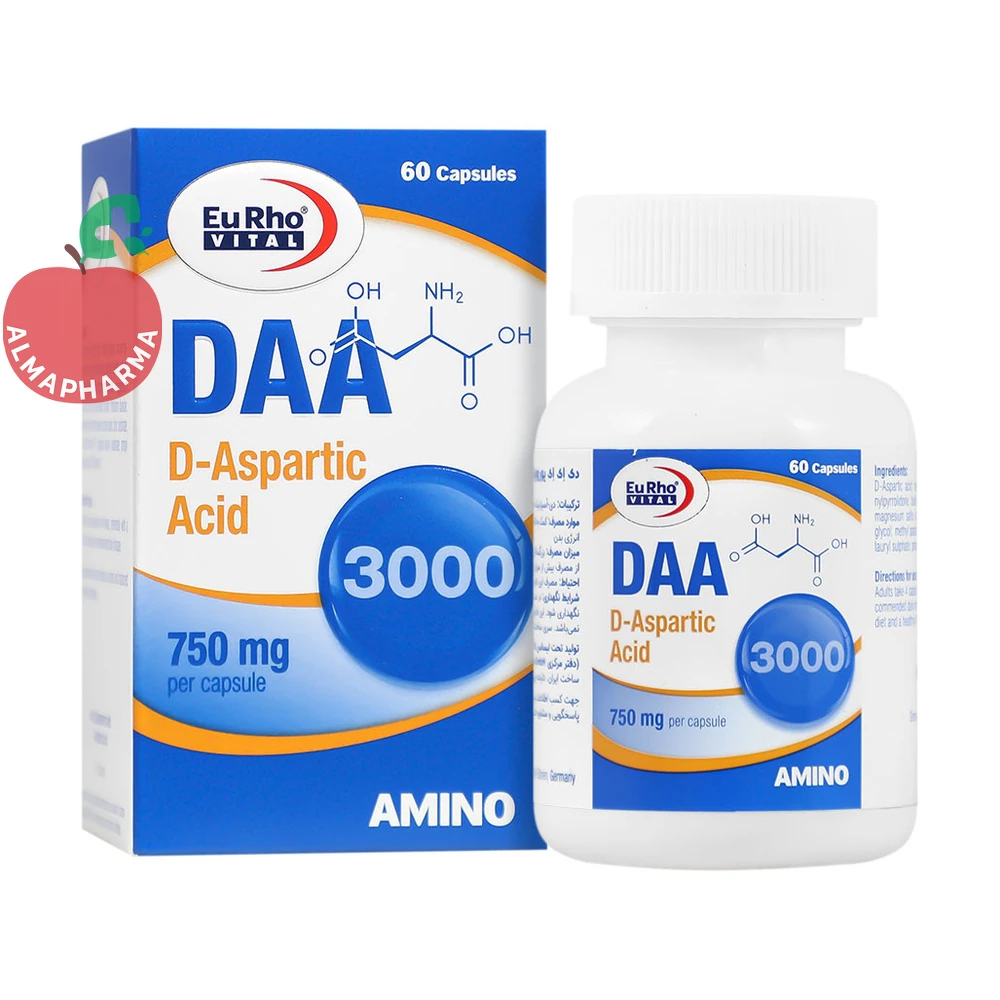 capsule-daa-750-mg-01_almafarma کپسول دی ای ای ۷۵۰ میلیگرم یوروویتال ۶۰ عددی - جعبه ۶۰ عددی - نمای جلو
