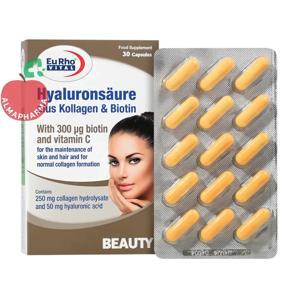 capsule-hyaluronsaure-plus-kollagen-and-biotin-23190-01-almapharma کپسول هیالورون سائور پلاس کلاژن و بیوتین یوروویتال ۳۰ عددی - جعبه ۳۰ عددی - نمای جلو
