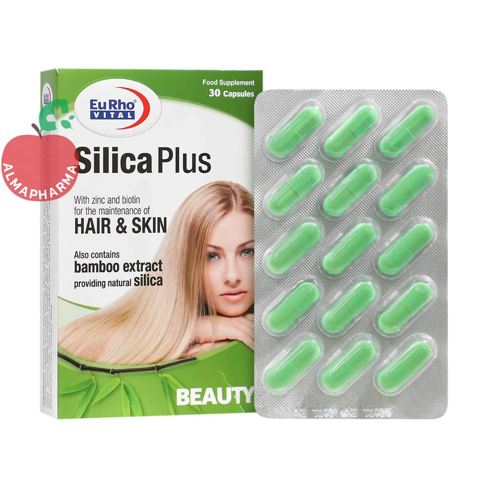 capsule-silica-plus-01_almafarma کپسول سیلیکا پلاس یوروویتال ۳۰ عددی - جعبه ۳۰ عددی - نمای جلو