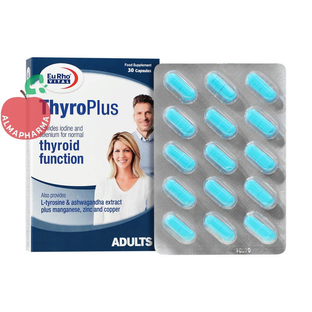 capsule-thyroplus-01_almafarma کپسول تیروپلاس یوروویتال ۳۰ عددی - جعبه ۳۰ عددی - نمای جلو
